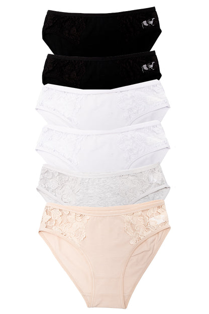 Dollcini, Klasszikus női bugyi, Virágmintás Csipkés Női Bugyi,95% Pamut + Spandex-Többszínű, 6 db-os Csomag
