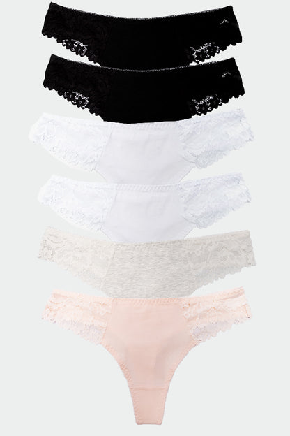 Dollcini,Tanga női bugyi,Csipkés női bugyi,95% Pamut + Spandex-Többszínű, 6 db-os Csomag