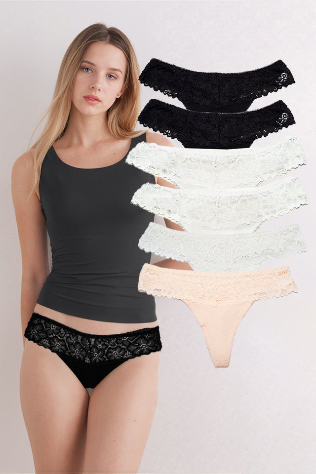 Dollcini,Tanga női bugyi,virágmintás csipke női bugyi,95% Pamut + Spandex-Többszínű, 6 db-os Csomag